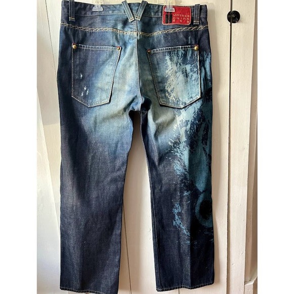 Vintage China rare factory distressed Jeans embroidered button dragon size 40 - Picture 2 of 16